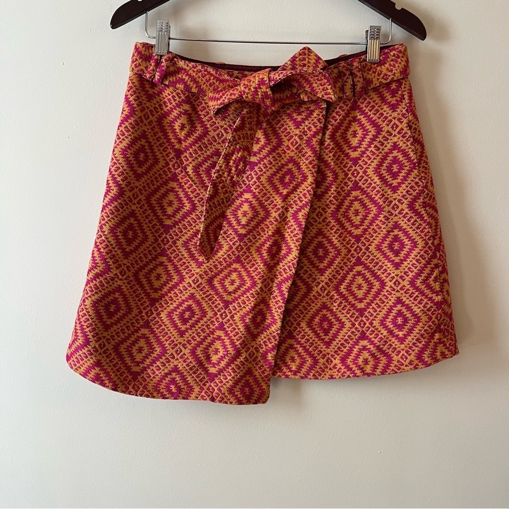 Anthropologie Pink and Yellow Mini Skirt with Tie Waist